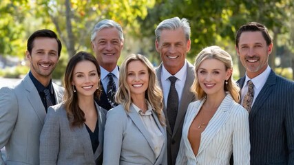 Confident Professional Collective: A portrait of a group of polished professionals, exuding confidence and camaraderie, set against a backdrop of nature's greenery.