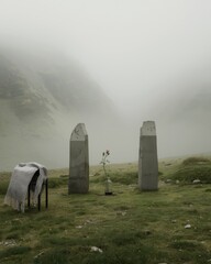 Misty Mountain Landscape with Monoliths and a Solitary Rose Offering