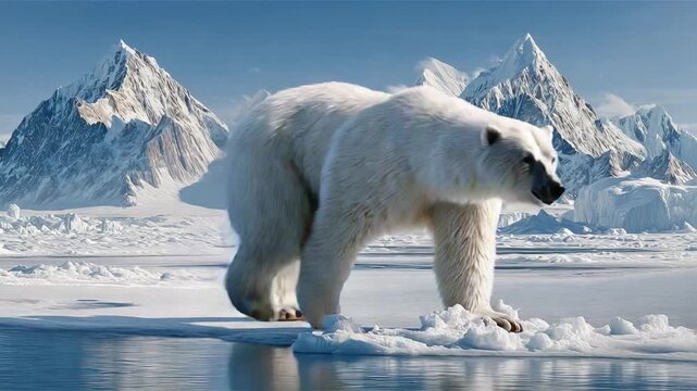 Polar Bear's Arctic Stroll: Majestic polar bear traverses a frosted landscape with snow-capped mountains and icy waters. This image evokes feelings of wilderness, climate, and survival.