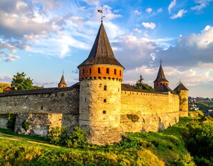 A medieval fortress with tall towers and stone walls under a blue sky