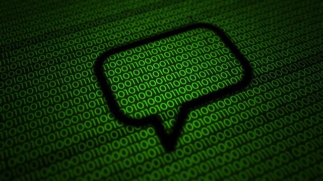 Animated design of green binary code with comment icon, perspective, and camera movement