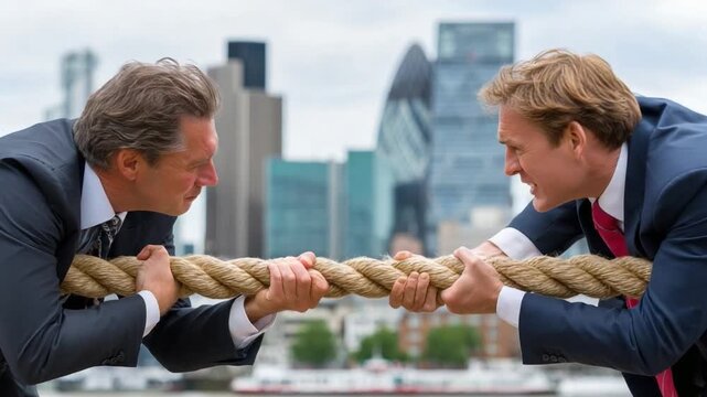Tug-of-War in the Corporate Arena: Two determined business executives engage in a tense tug-of-war, symbolizing a fierce competition or struggle for dominance in a modern urban environment.