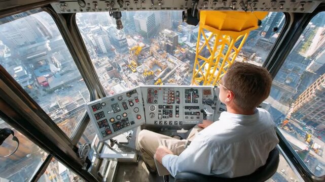 Elevated Perspective: A construction worker skillfully maneuvers a towering crane, offering a panoramic view of the bustling city below. Capturing the essence of industry, precision.