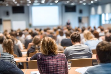 lecture hall for training, meeting room full of people or students participating in business training, seminar. High quality
