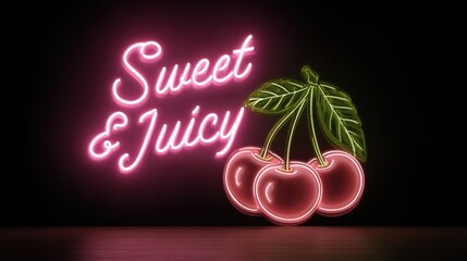 Neon Sign with Cherry Illustration and Sweet Juicy Text Concept