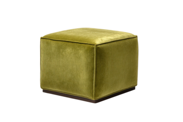 Square olive green velvet ottoman with dark wood base on black background stool footstool, Png, Isolated on Transparent Background, Cut Out