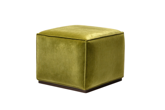 Square olive green velvet ottoman with dark wood base on black background stool footstool, Png, Isolated on Transparent Background, Cut Out