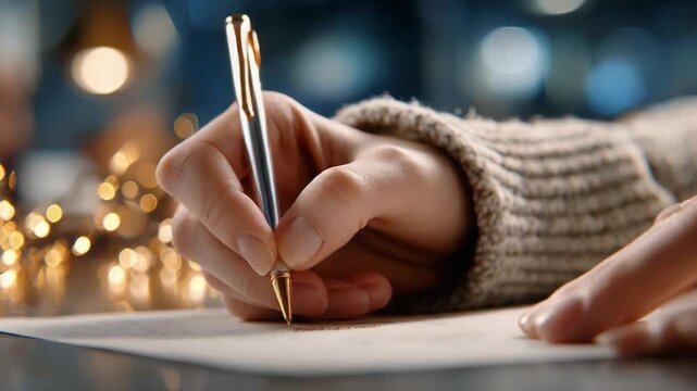 Penning the Narrative: A delicate hand guides a pen across paper, capturing the essence of thoughtful writing, set against a softly blurred, atmospheric backdrop. 