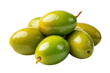 Pile of glossy green olives with stems on black background fruit food, Png, Isolated on Transparent Background, Cut Out