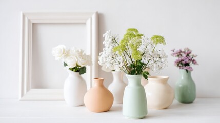 Fototapeta premium Elegant floral arrangement featuring soft pastel vases against a clean white background with a picture frame