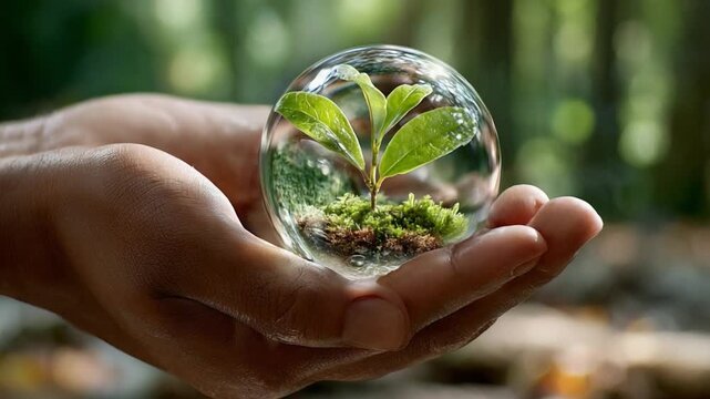 Eco-Consciousness in Hand: A sprout flourishes within a clear orb, held tenderly by open hands, symbolizing environmental awareness and the fragility of our world.