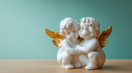 Fototapeta premium Two Serene Angel Figurines Embracing, Symbolizing Love, Protection, and Comfort, Perfect for Holiday Greetings and Home Decor