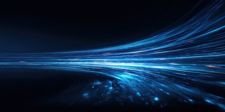 Futuristic business conference banner template for a event. The abstract design features glowing blue light streaks, symbolizing speed, data, and technology. For a tech summit or innovation forum. - Powered by Adobe