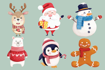 Watercolor Christmas Characters Set