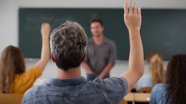 Students raise hands during a classroom lesson with a teacher in the background
