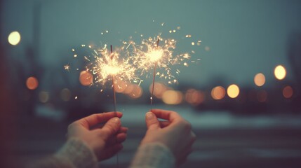 Celebrating with Sparklers: Festive Fun with Sparkling Lights in Hand on a Dim Evening