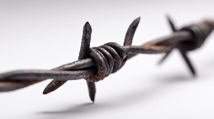 Close-up of weathered barbed wire against a white background depicting boundaries, security, and danger