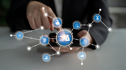A business person interacts with a smartphone displaying various financial graphs and digital icons, representing a modern approach to online transactions and data analysis. Crux