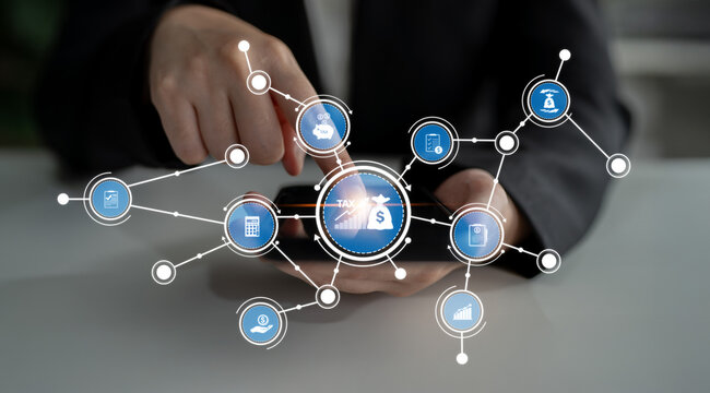A business person interacts with a smartphone displaying various financial graphs and digital icons, representing a modern approach to online transactions and data analysis. Crux