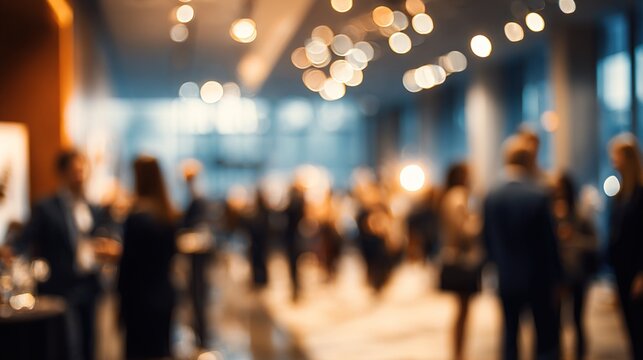 A corporate event with professionals mingling, blurred for a focus-friendly overlay. High quality