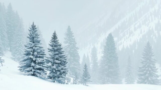 A snowy field with pine trees. The trees are covered in snow. The snow is white and fluffy. Pure white christmas theme background, peaceful snowy tone