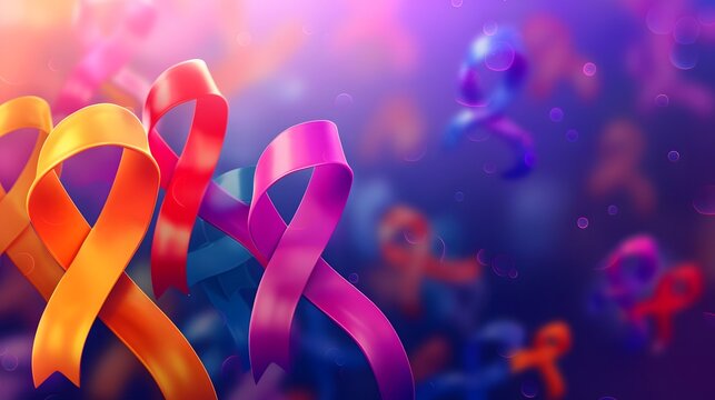 Colorful awareness ribbons including orange leukemia symbol representing cancer awareness charity and health support on glowing gradient background. Healthcare concept - Powered by Adobe