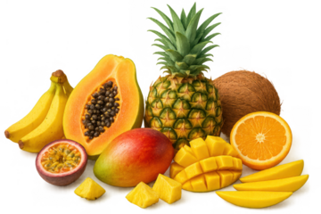 Tropical fruits assortment featuring fresh pineapple, mango, papaya, coconut, banana, orange, passion fruit for healthy eating on transparent background