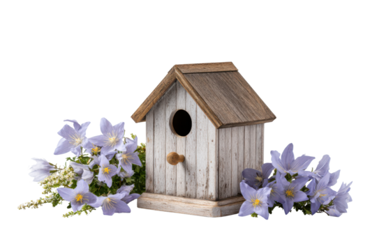 Rustic wooden birdhouse with pale blue flowers on black background weathered white, Png, Isolated on Transparent Background, Cut Out