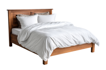 Wooden bed frame with white duvet and pillows on black background image, Png, Isolated on Transparent Background, Cut Out