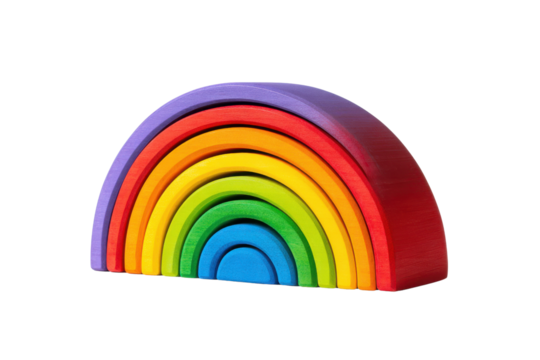 Wooden rainbow stacking toy with seven colorful arcs on black background image, Png, Isolated on Transparent Background, Cut Out