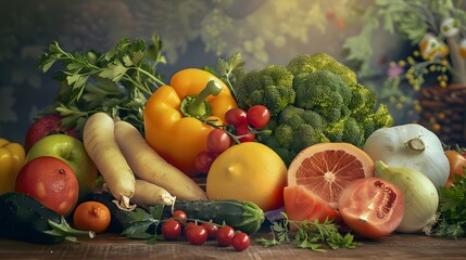 Assortment of fresh colorful fruits and vegetables symbolizing healthy lifestyle nutrition and leukemia prevention awareness through natural diet concept. Healthcare concept