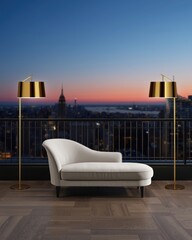 Obraz premium Stylish outdoor living space with a chaise lounge and modern lamps overlooking a city skyline