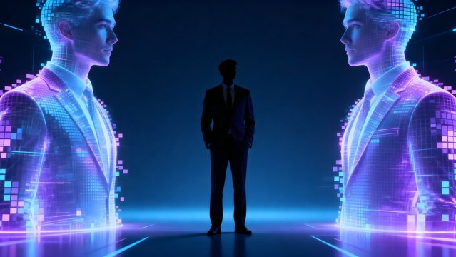 Digital businessmen avatars with person in the middle on blue background