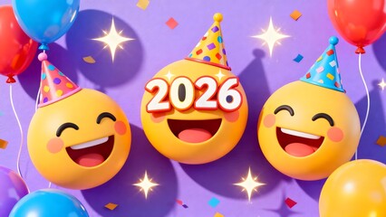Emoticons celebrating year 2026 with balloons and confetti background