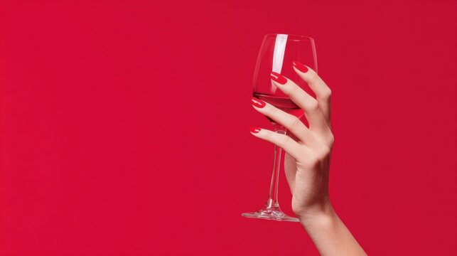 Elegant Toast: A hand gracefully raises a crystal glass of wine against a vibrant red backdrop, celebrating refinement and indulgence.