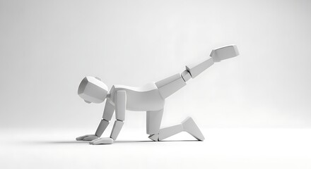 Wooden Mannequin Performing Donkey Kicks Exercise in White Studio.