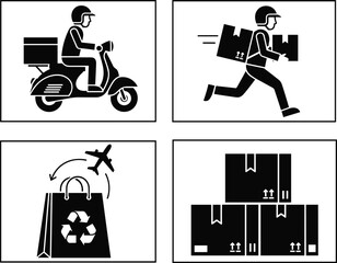 Delivery and logistics vector icons – scooter courier, express shipping, international transport, eco commerce, and package storage in black silhouette style