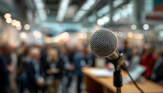 a microphone in front of an audience at the business conference, blurred background with people during a presentation or book signing. High quality