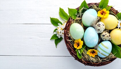 A rustic basket brimming with colorful, decorated eggs nestled amongst vibrant greenery and blossoms, set against a white wood surface