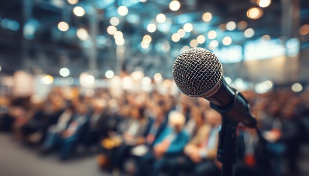 a microphone in front of an audience at the business conference, blurred background with people during a presentation or book signing. High quality