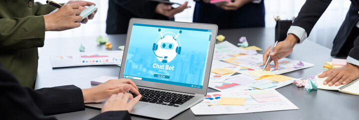 Analyst team use sticky note for creative and analytic brainstorm for business idea with BI data dashboard on laptop screen. Analysis financial data visualization tech for marketing strategy. Prodigy