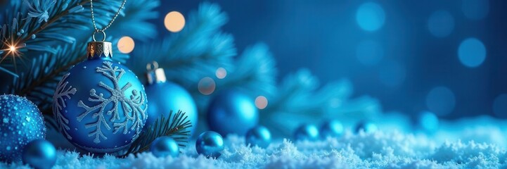 Abstract blue Christmas background, snowflakes, baubles, copy space , holiday, christmas tree, xmas