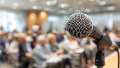 a microphone in front of an audience at the business conference, blurred background with people during a presentation or book signing. High quality