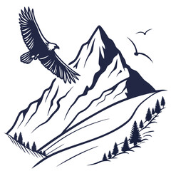 Majestic eagle soars over mountain peaks with evergreen trees, embodying freedom and wilderness isolated on