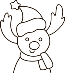 Coloring page of a smiling reindeer in a Santa hat and Christmas scarf.