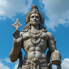 Obraz premium Majestic Lord Hanuman statue portrait, powerful Hindu god of strength and devotion, against sky background in India, stone sculpture