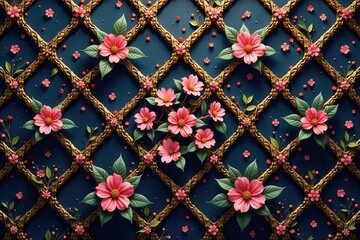 Gold geometric lattice with tiny pink flowers, seamless vector pattern , design, vector, crosses