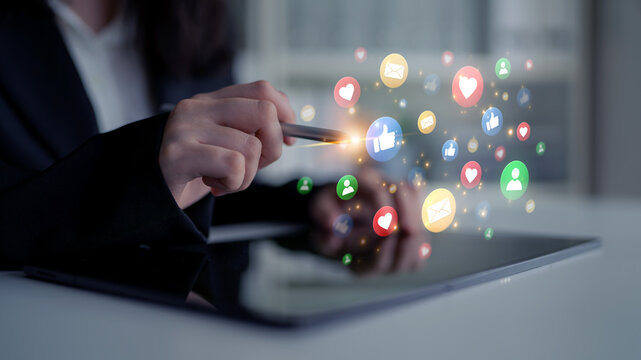 Concept of digital marketing and online communication. A network of user engagement is shown through social media feedback notifications which helps build a strong community. Fermion