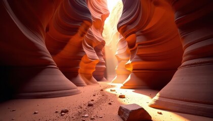 Narrow beam of light penetrates deep canyon, smooth sandstone walls, high-resolution, illumination