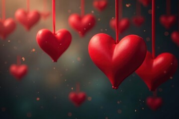 Numerous red hearts dangling on interwoven strings, elegant, valentines day